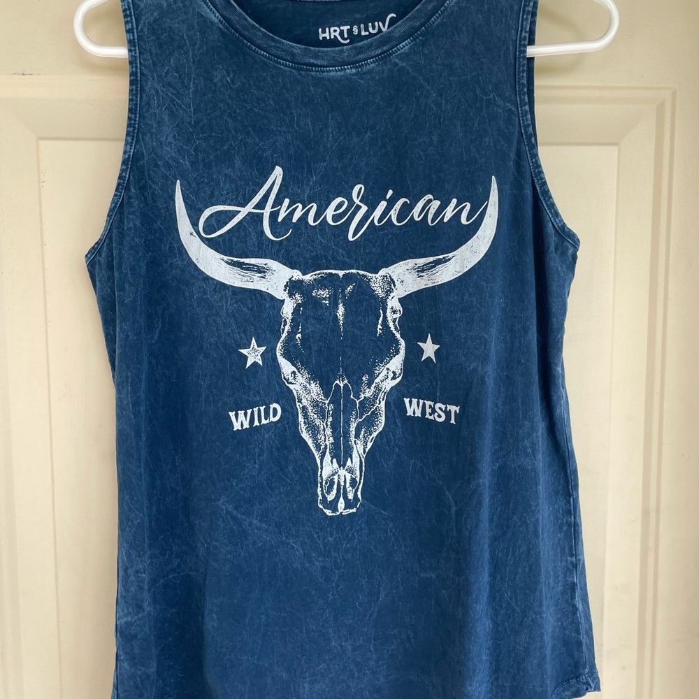 HRT & LUV Tank Top Blue Graphic American Wild West Skull Graphic Western L